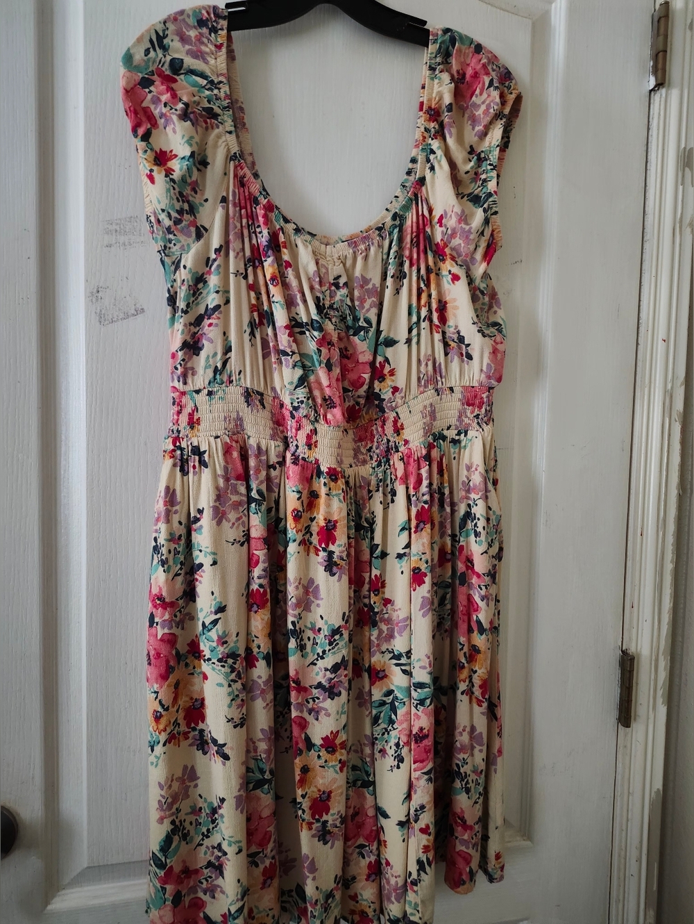 torrid Cream Floral Midi Dress with Pink & Teal Accents